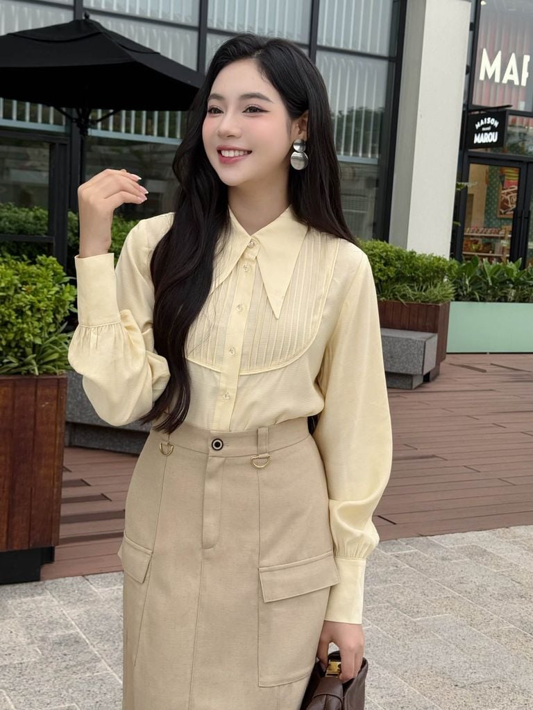 FAK51382 - tylekeo8888 kiểu công sở vải tơ dáng suông cổ đức tay dài phối măng séc ngực áo hoạ tiết xếp ly tạo kiểu - tỷ lệ kèo 8899