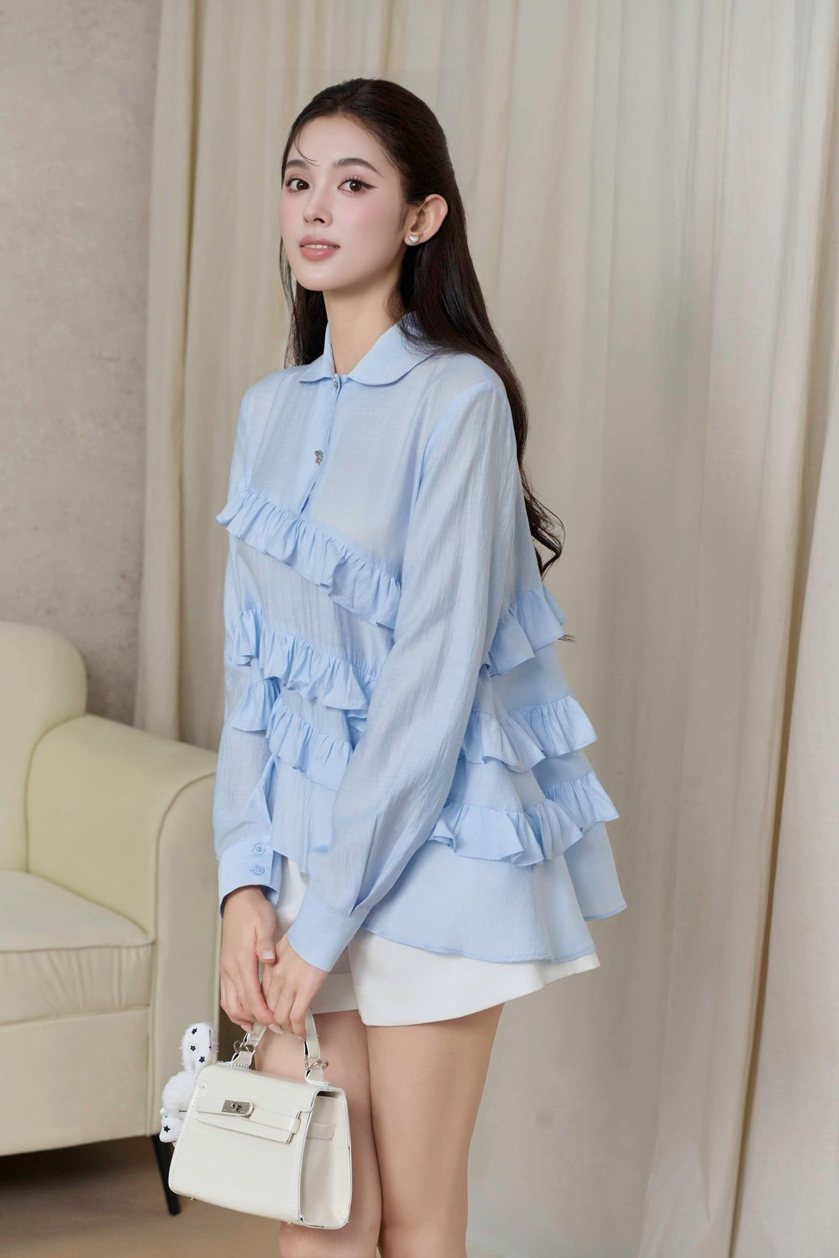 FAK51486 - tylekeo8888 dâng suông cổ bẻ tay dài thân áo phối viền bèo cách điệu - JAN.
