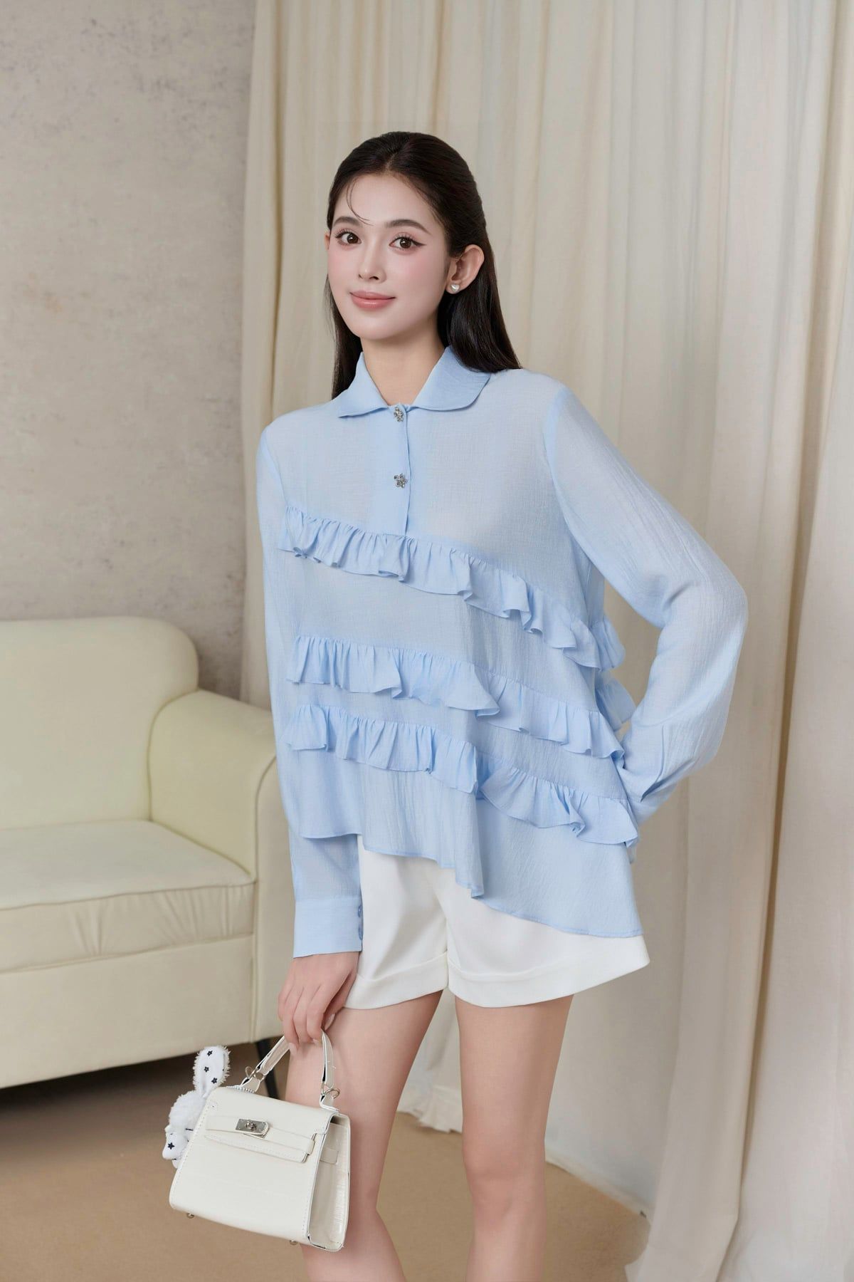 FAK51486 - tylekeo8888 dâng suông cổ bẻ tay dài thân áo phối viền bèo cách điệu - JAN.