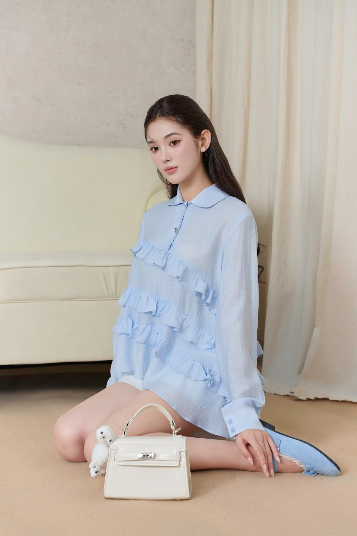 FAK51486 - tylekeo8888 dâng suông cổ bẻ tay dài thân áo phối viền bèo cách điệu - JAN.