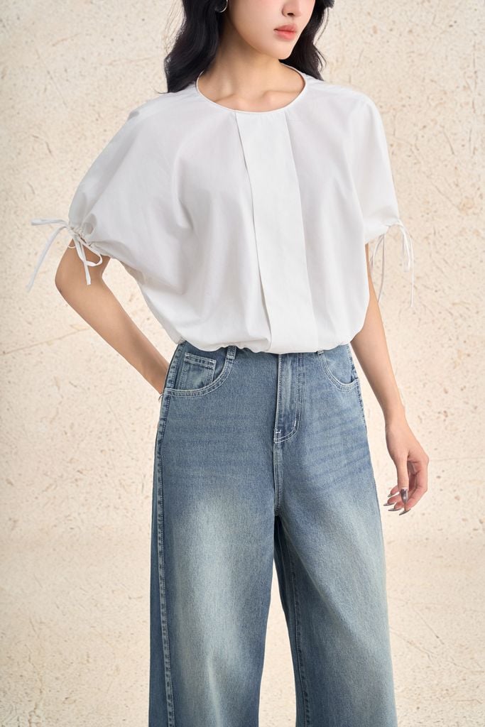 FAK71500 - Áo kiểu dạo phố vải thô dáng ngắn cổ tròn tay cộc phối dây thắt tạo kiểu - PANTIO