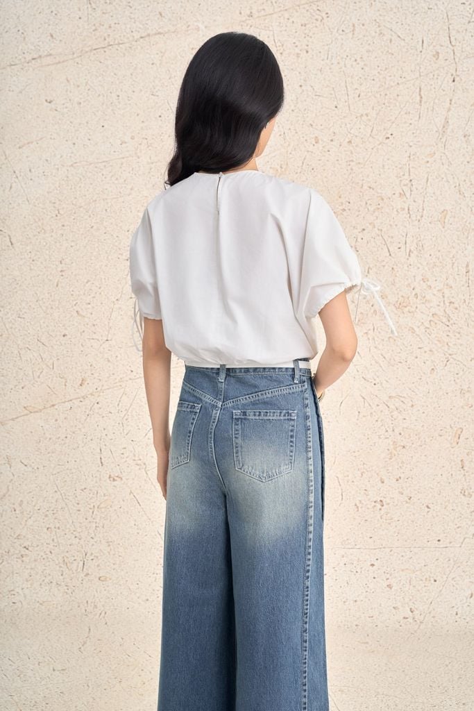 FAK71500 - Áo kiểu dạo phố vải thô dáng ngắn cổ tròn tay cộc phối dây thắt tạo kiểu - PANTIO