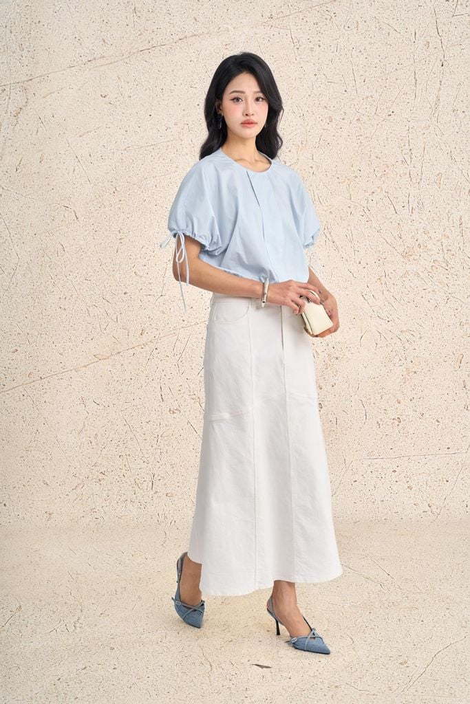 FAK71500 - Áo kiểu dạo phố vải thô dáng ngắn cổ tròn tay cộc phối dây thắt tạo kiểu - PANTIO