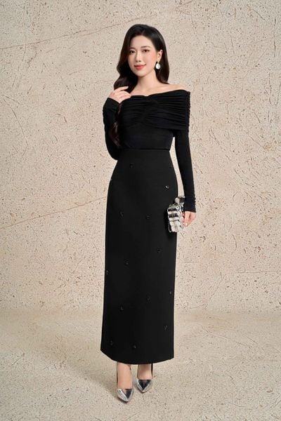 FJD91364 - Chân váy dài công sở vải thô dáng suông cạp liền thân váy đính đá cao cấp khoá thân sau - PANTIO