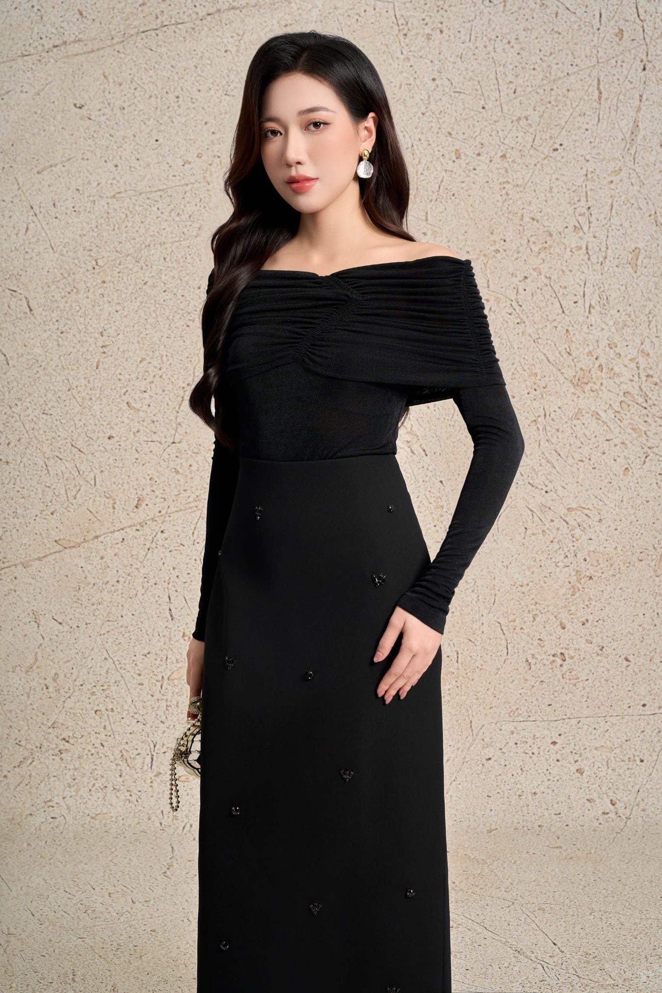 FJD91364 - Chân váy dài công sở vải thô dáng suông cạp liền thân váy đính đá cao cấp khoá thân sau - PANTIO