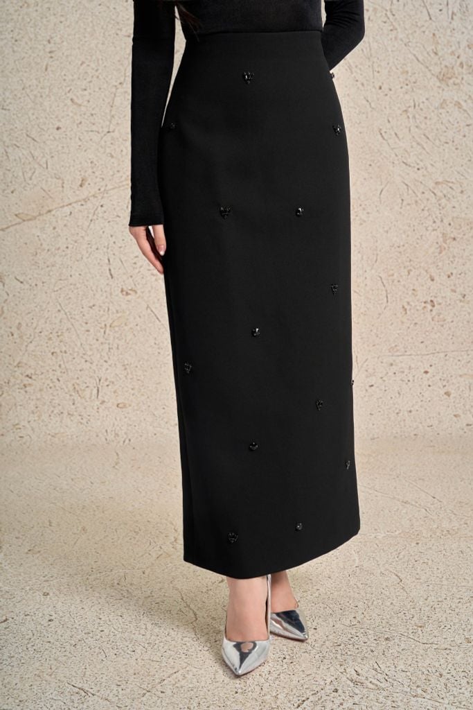 FJD91364 - Chân váy dài công sở vải thô dáng suông cạp liền thân váy đính đá cao cấp khoá thân sau - PANTIO