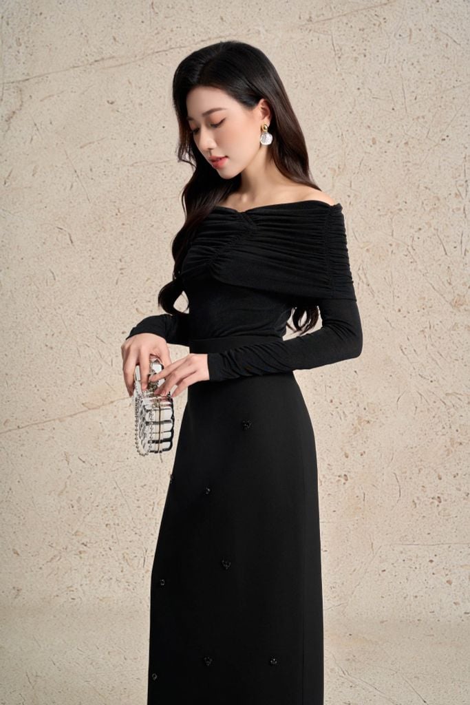 FJD91364 - Chân váy dài công sở vải thô dáng suông cạp liền thân váy đính đá cao cấp khoá thân sau - PANTIO