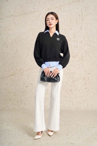 FAK91487 - Áo kiểu dạo phố vải cotton dáng suông cổ bẻ tay dài phối vải kẻ thời trang - PANTIO