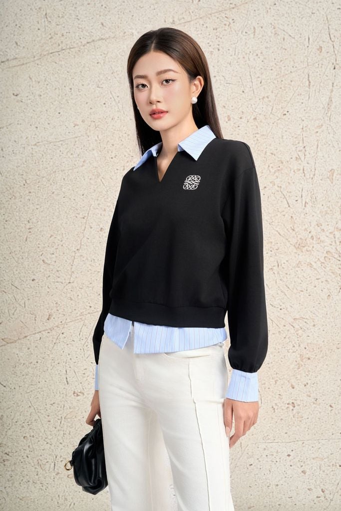 FAK91487 - Áo kiểu dạo phố vải cotton dáng suông cổ bẻ tay dài phối vải kẻ thời trang - PANTIO