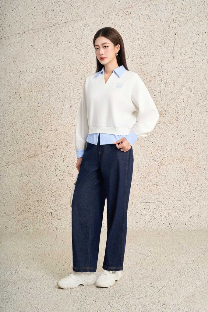 FAK91487 - Áo kiểu dạo phố vải cotton dáng suông cổ bẻ tay dài phối vải kẻ thời trang - PANTIO