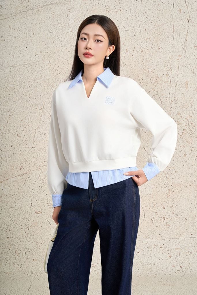 FAK91487 - Áo kiểu dạo phố vải cotton dáng suông cổ bẻ tay dài phối vải kẻ thời trang - PANTIO