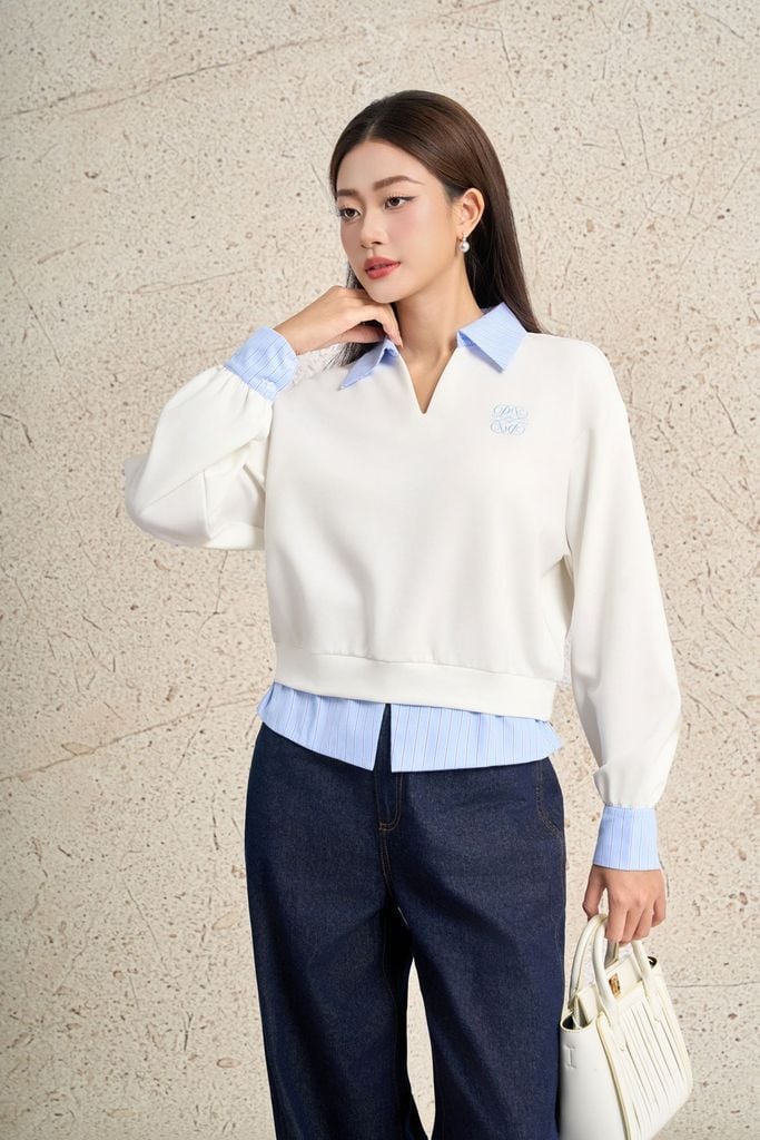 FAK91487 - Áo kiểu dạo phố vải cotton dáng suông cổ bẻ tay dài phối vải kẻ thời trang - PANTIO