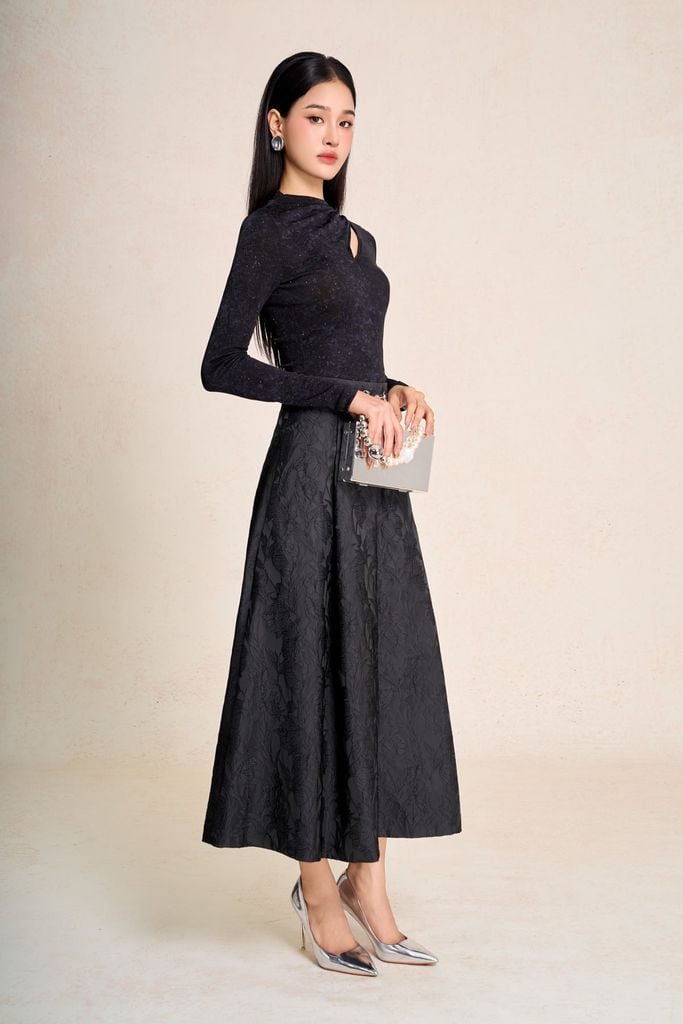 FJD51435 - Chân váy dài vải gấm dáng chữ A cạp phối kim loại tạo kiểu khóa thân sau - PANTIO