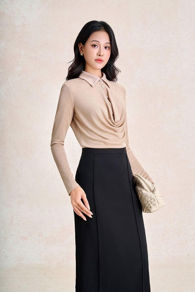 FAK91580 - Áo kiểu công sở vải len dáng ôm cổ bẻ tay dài thân áo phối vạt đổ ngực tạo kiểu - PANTIO