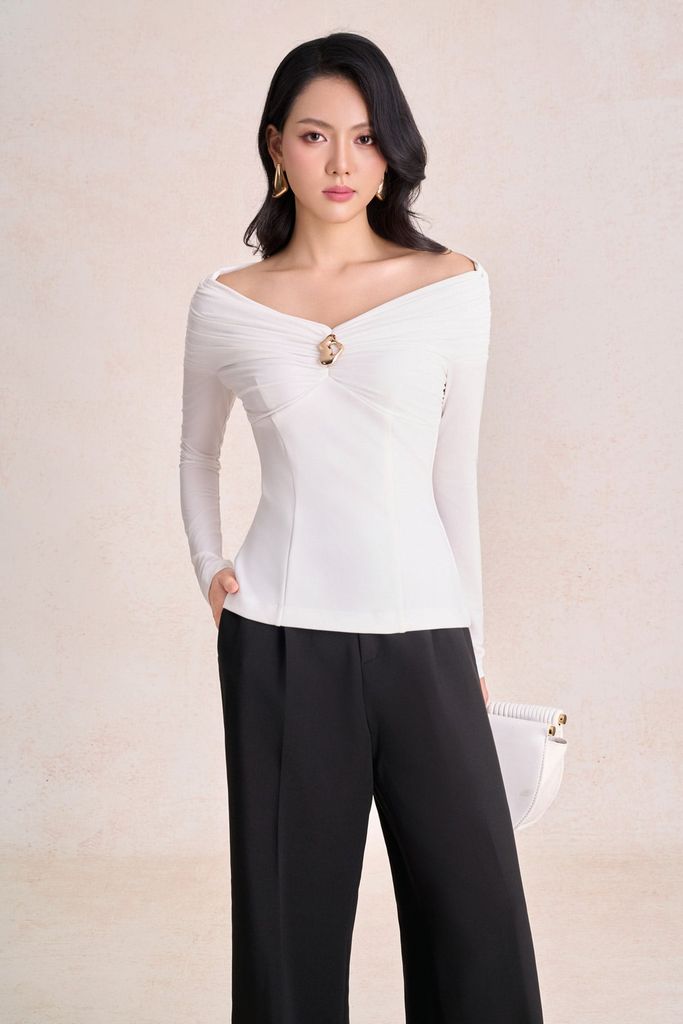 FQD51263 - Quần dài công sở vải thô dáng suông ống rộng thân quần phối ly bung tạo kiểu khoá thân trước