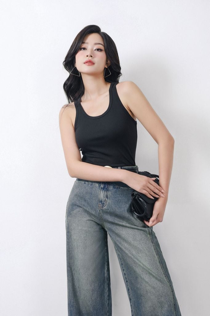 FQB203 - Quần jean dạo phố vải denim dáng suông ống rộng lên gấu tạo kiểu khóa thân trước - PANTIO