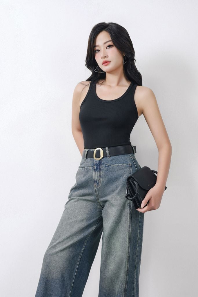 FQB203 - Quần jean dạo phố vải denim dáng suông ống rộng lên gấu tạo kiểu khóa thân trước - PANTIO