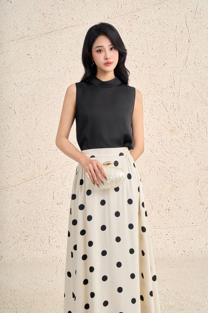 FAS13854 - Áo sơ mi công sở vải lụa satin dáng suông cổ tròn không tay - PANTIO