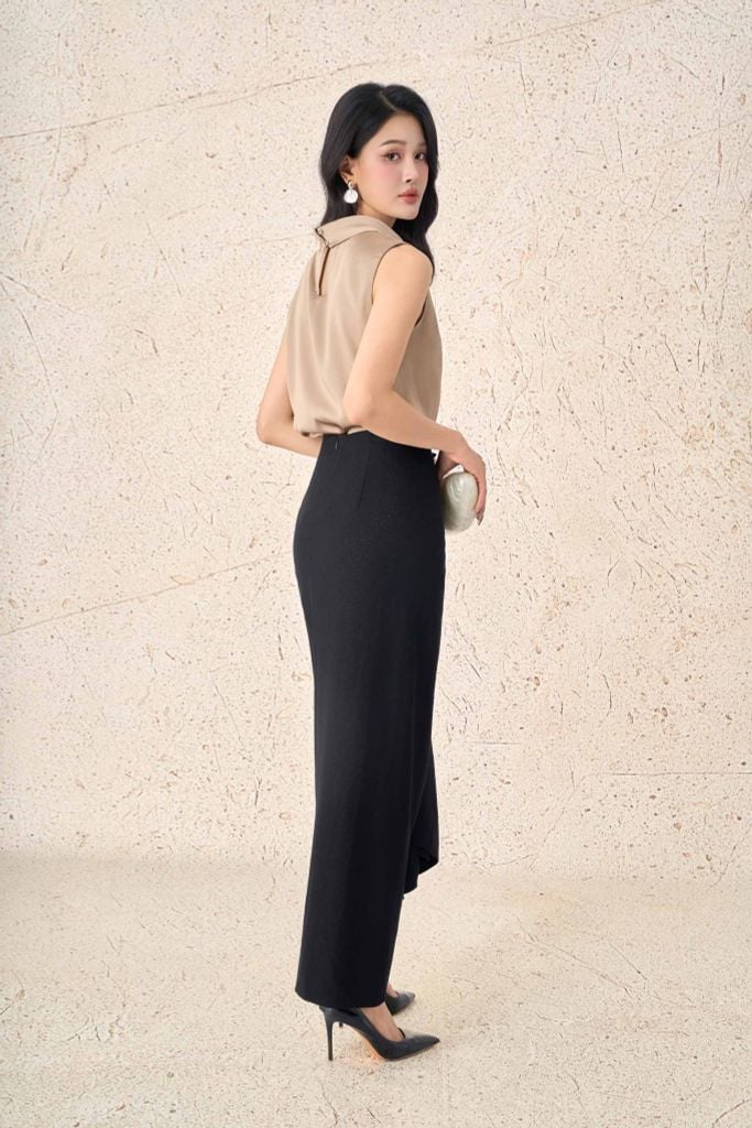 FAS13854 - Áo sơ mi công sở vải lụa satin dáng suông cổ tròn không tay - PANTIO