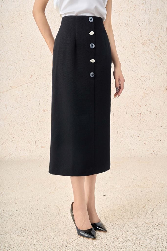 FJD51256 - Chân váy công sở vải thô dày dáng suông thân đính khuy đá thời trang - PANTIO