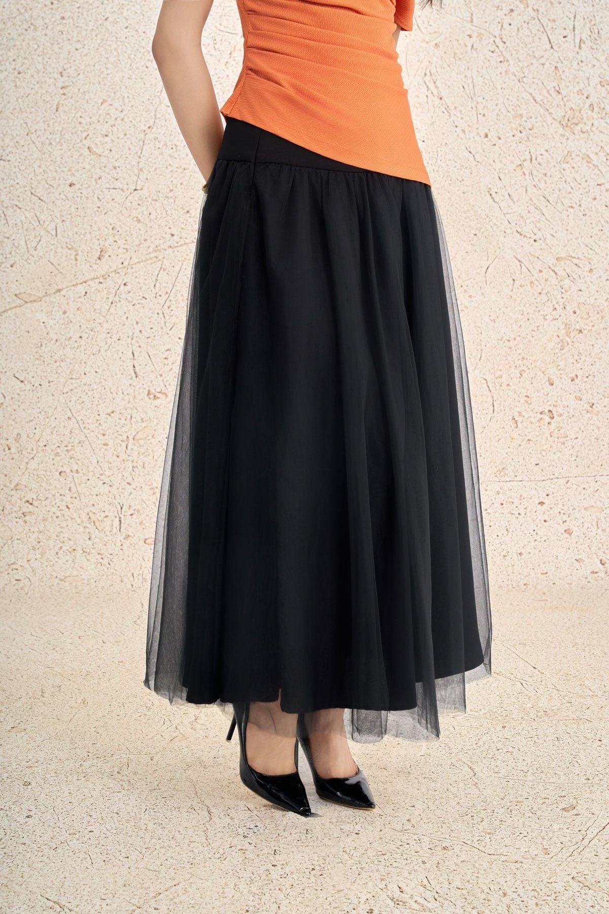 FJD51343 - Chân váy dài vải lưới dáng xòe cạp cao thân váy lưới phồng tạo kiểu - PANTIO