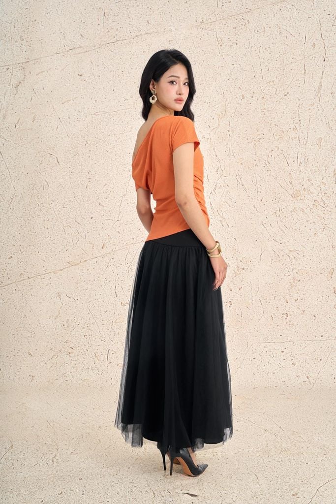 FJD51343 - Chân váy dài vải lưới dáng xòe cạp cao thân váy lưới phồng tạo kiểu - PANTIO