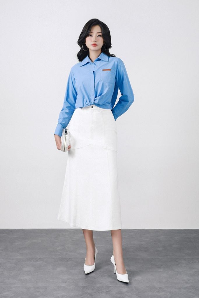 FAS13921 - Áo sơ mi vải thô kate dáng croptop cổ đức xẻ V tay dài phối măng sec thời trang - PANTIO