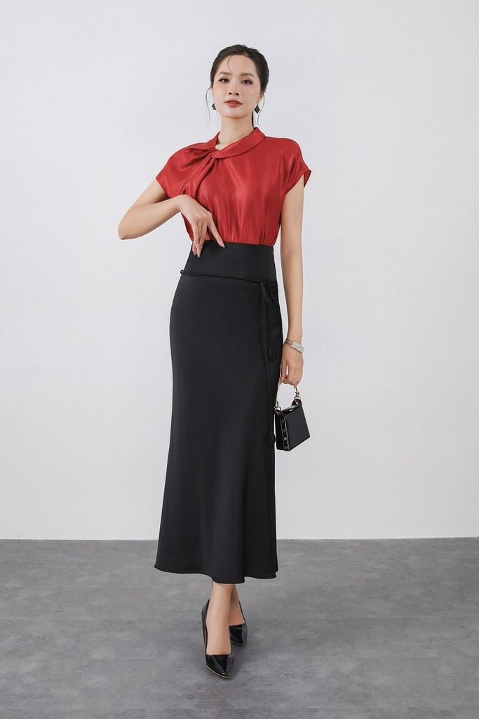 FJD91257 - Chân váy dài công sở vải lụa dày dáng suông eo phối cạp bản to đính dây nơ tạo kiểu - PANTIO