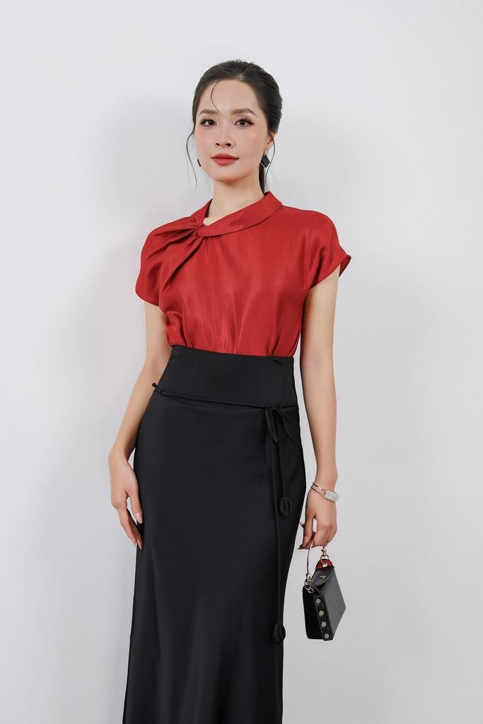 FJD91257 - Chân váy dài công sở vải lụa dày dáng suông eo phối cạp bản to đính dây nơ tạo kiểu - PANTIO