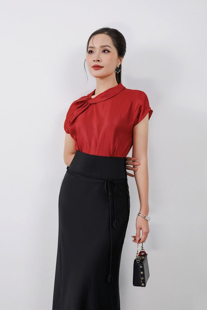 FJD91257 - Chân váy dài công sở vải lụa dày dáng suông eo phối cạp bản to đính dây nơ tạo kiểu - PANTIO