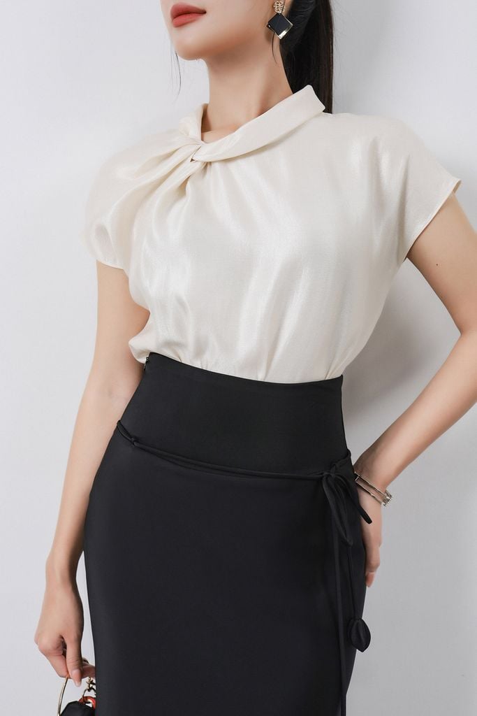 FAS13929 - Áo sơ mi công sở vải tafta cao cấp dáng suông cổ tròn tay ngắn thời trang - PANTIO