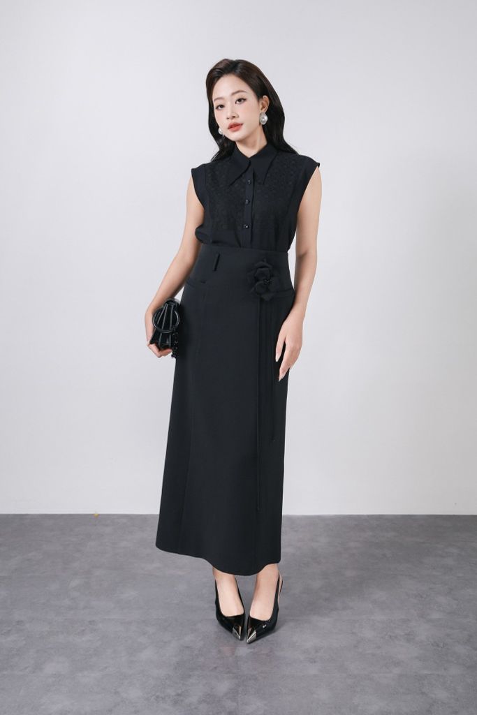 FJD51269 - Chân váy dài công sở vải tuytsi dáng suông cạp liền thân váy phối dây hoa 3D thời trang khoá thân sau - PANTIO