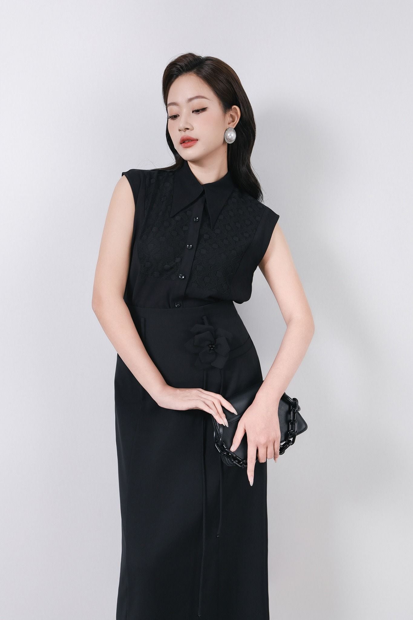 FJD51269 - Chân váy dài công sở vải tuytsi dáng suông cạp liền thân váy phối dây hoa 3D thời trang khoá thân sau - PANTIO