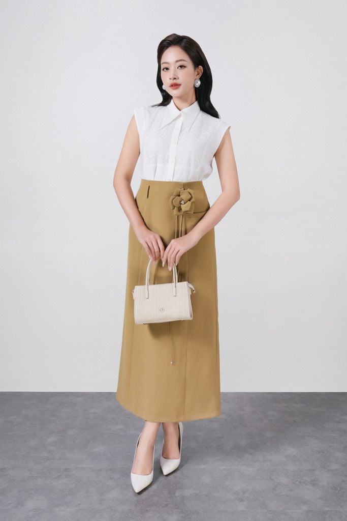 FJD51269 - Chân váy dài công sở vải tuytsi dáng suông cạp liền thân váy phối dây hoa 3D thời trang khoá thân sau - PANTIO