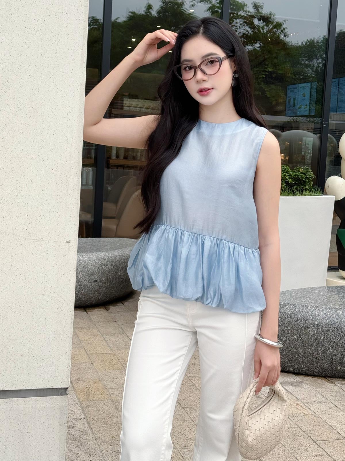 FAS13942 - tylekeo8888 công sở vải tơ dáng suông cổ tròn không tay gấu áo xếp nhún tạo kiểu - tỷ lệ kèo 8899