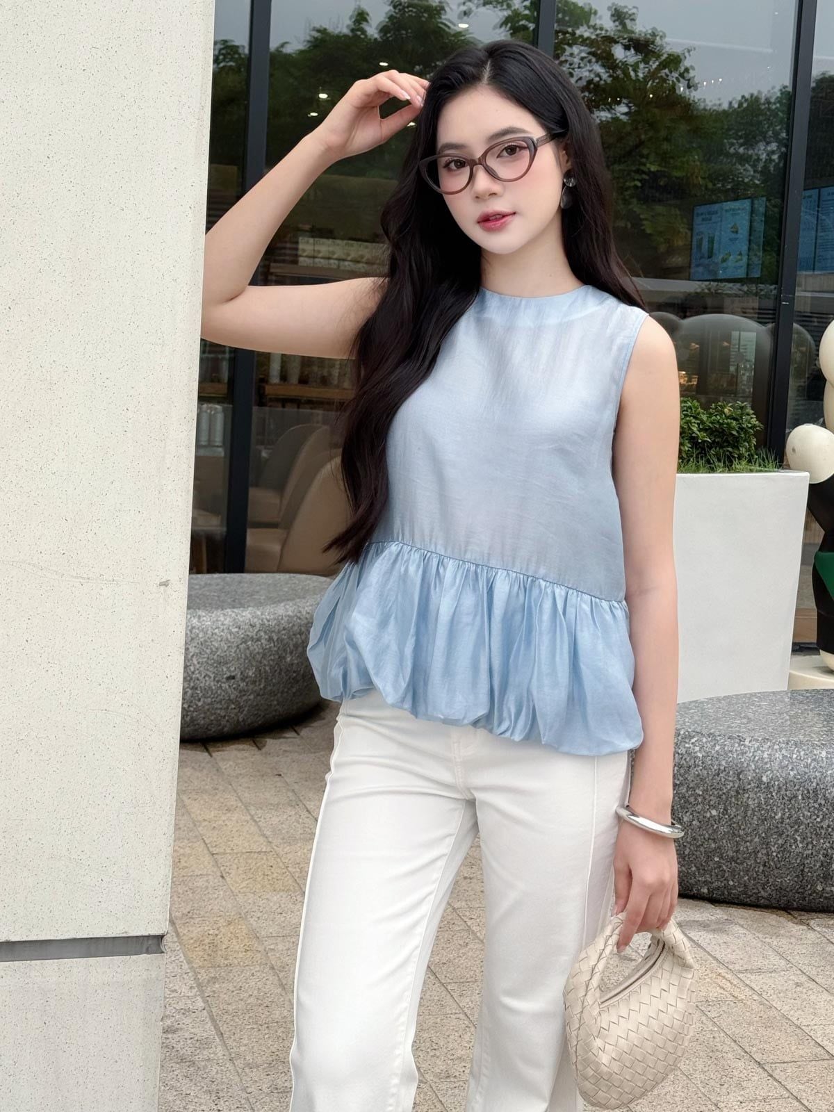 FAS13942 - tylekeo8888 công sở vải tơ dáng suông cổ tròn không tay gấu áo xếp nhún tạo kiểu - tỷ lệ kèo 8899