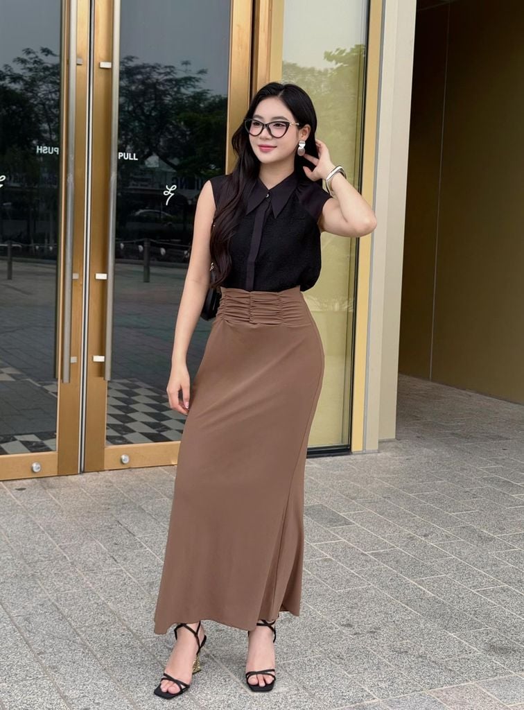 FAS13944 - Áo sơ mi công sở vải chiffon dáng suông cổ đức ngực áo phối ren tạo kiểu cài khuy thân trước - PANTIO