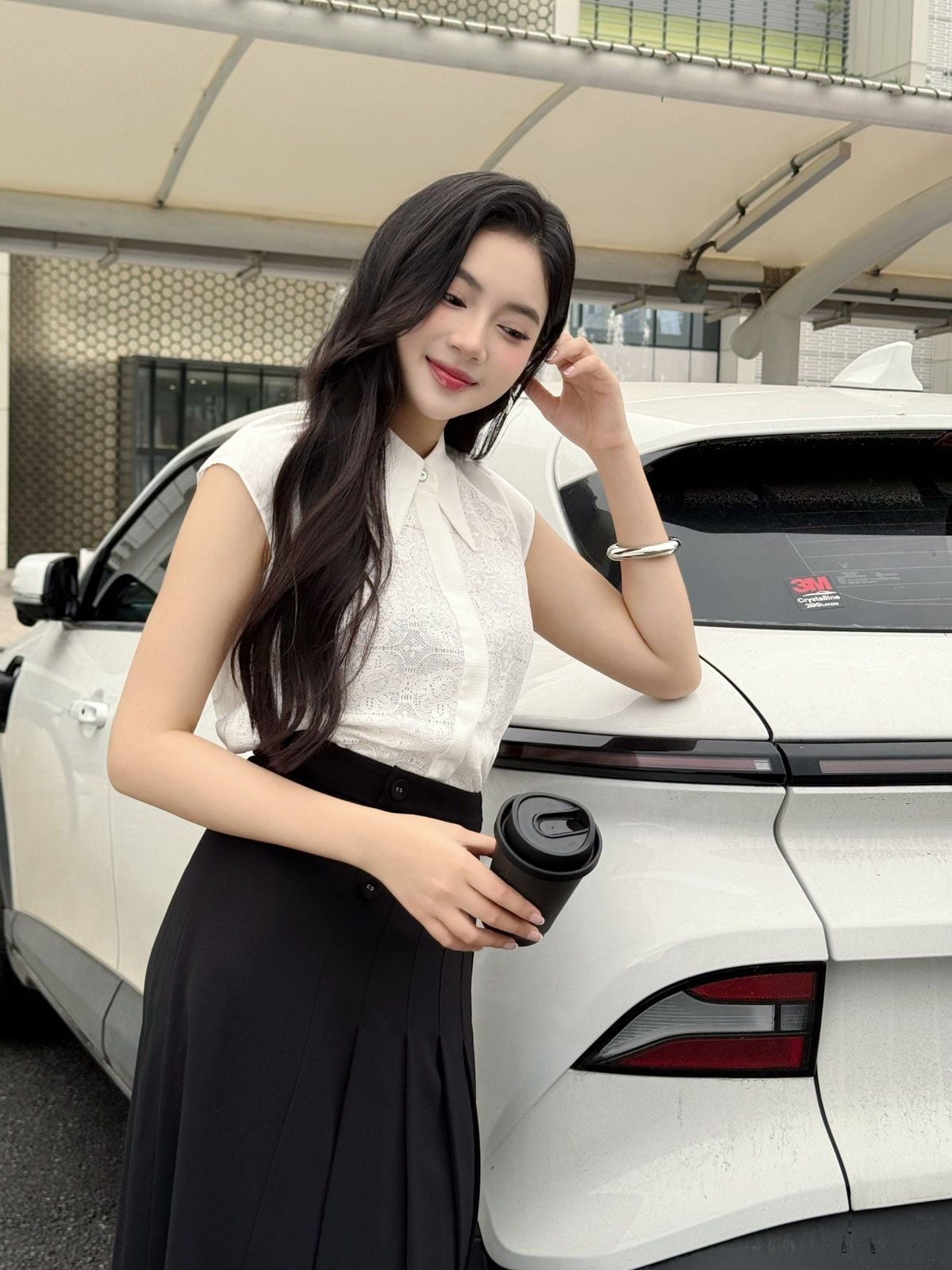 FAS13944 - Áo sơ mi công sở vải chiffon dáng suông cổ đức ngực áo phối ren tạo kiểu cài khuy thân trước - PANTIO