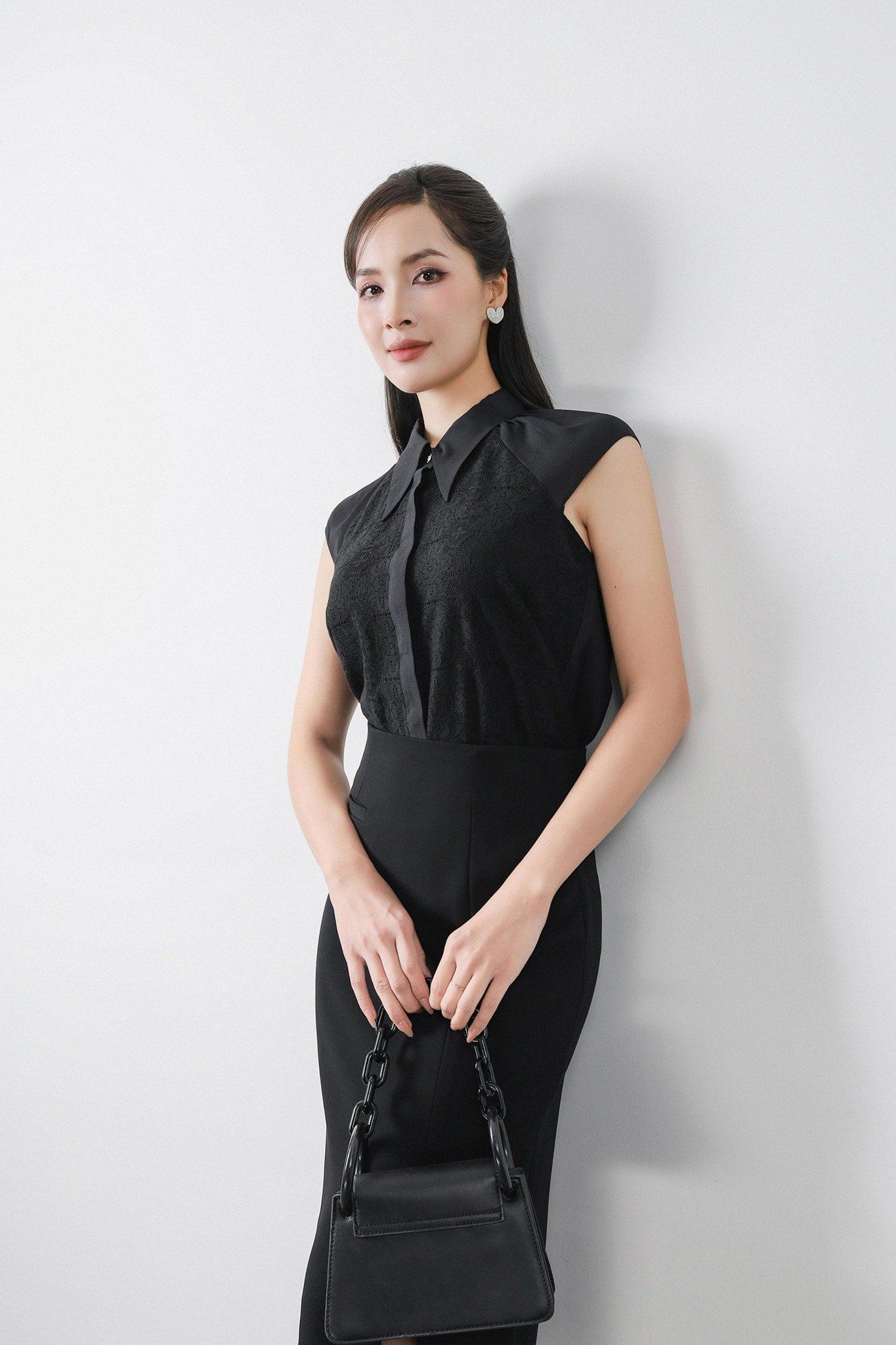 FAS13944 - Áo sơ mi công sở vải chiffon dáng suông cổ đức ngực áo phối ren tạo kiểu cài khuy thân trước - PANTIO