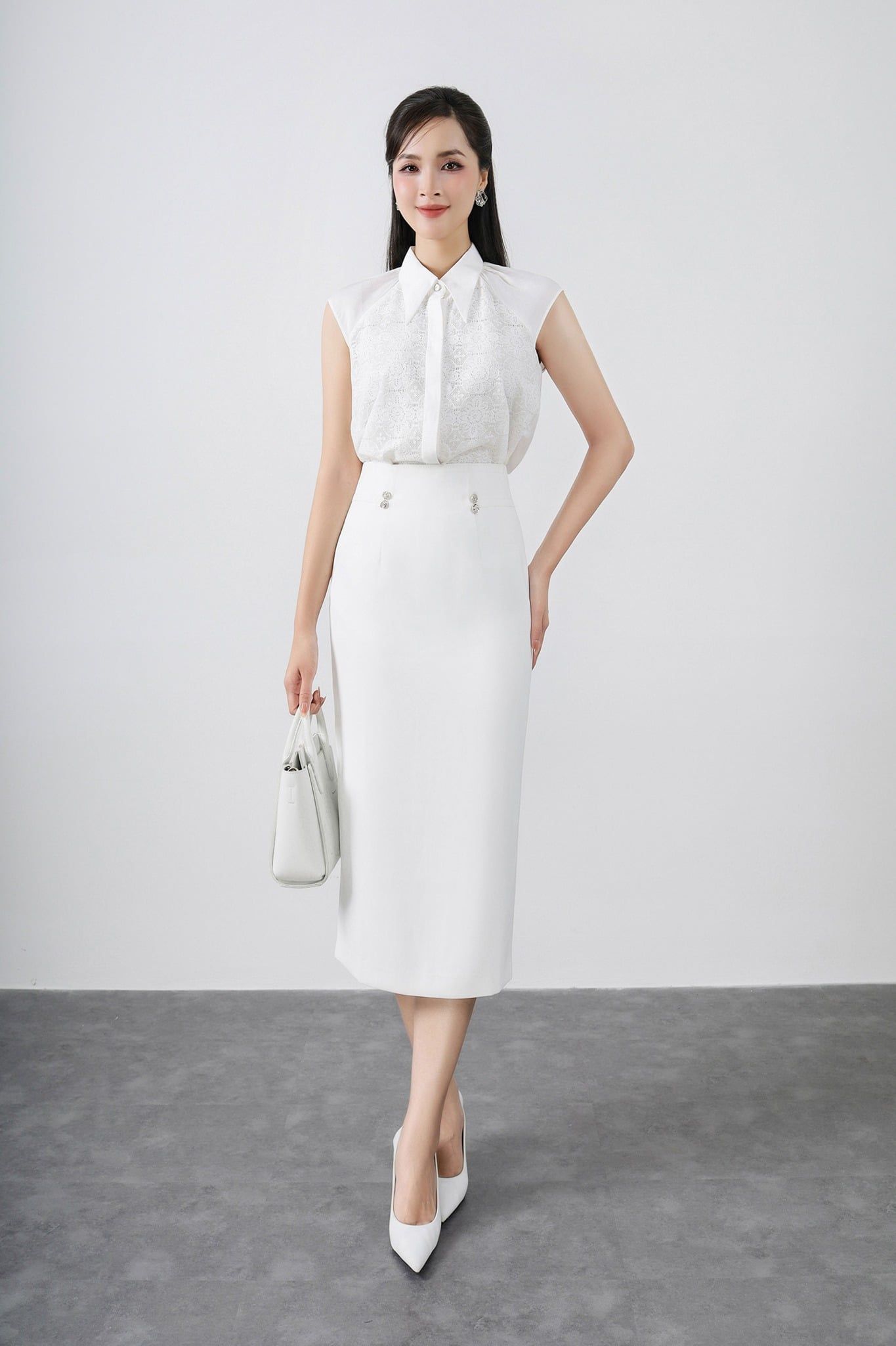 FJD51188 - Chân váy công sở vải thô dáng bút chì thân đính khuy kim loại trang trí khoá thân sau - PANTIO