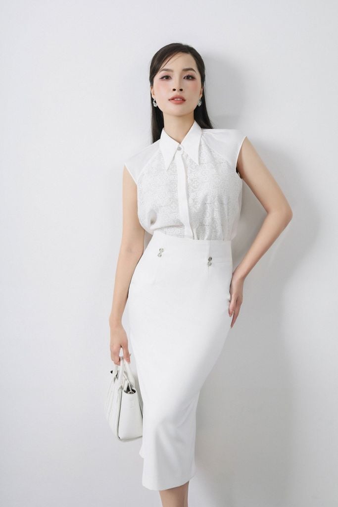 FJD51188 - Chân váy công sở vải thô dáng bút chì thân đính khuy kim loại trang trí khoá thân sau - PANTIO