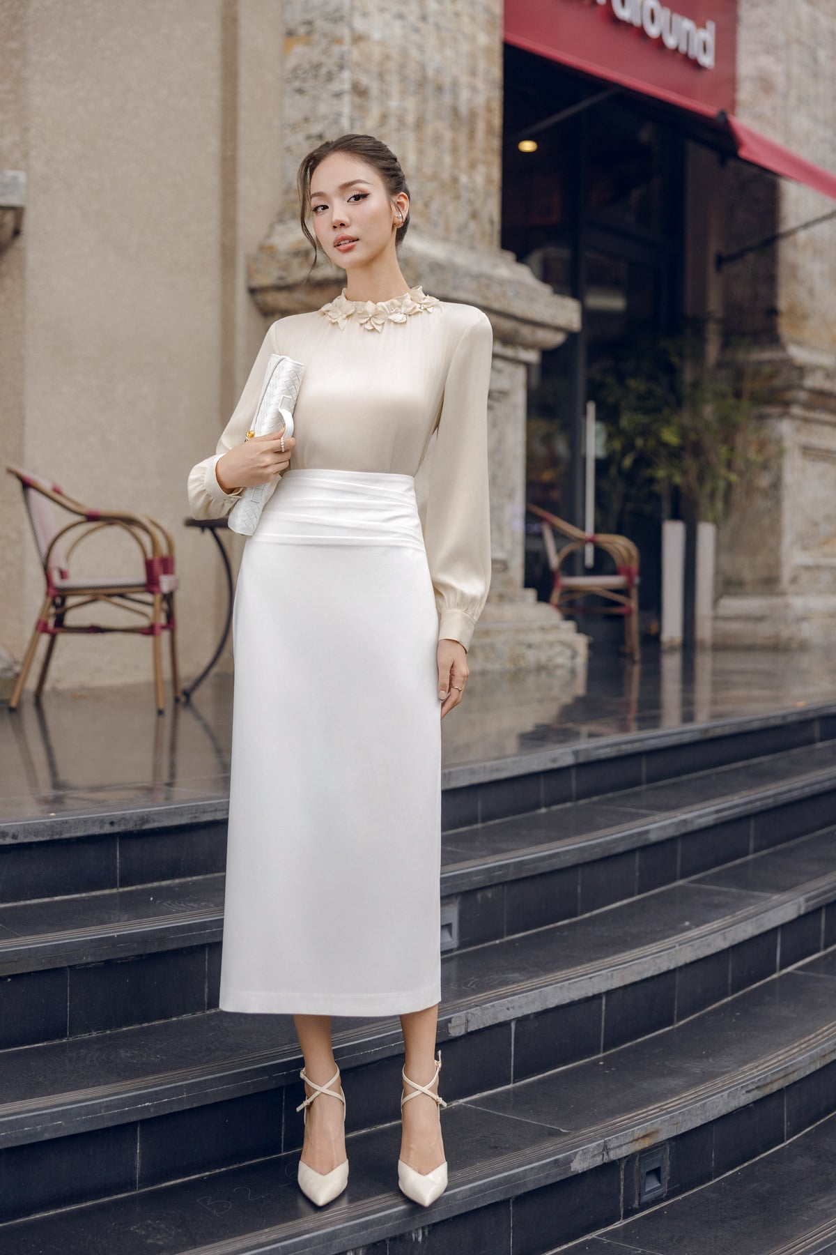 FJD51335 - Chân váy dài công sở vải tuytsi dáng suông cạp liền xếp nhún tạo kiểu khoá thân sau - PANTIO