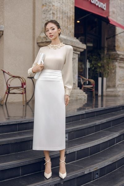 FJD51335 - Chân váy dài công sở vải tuytsi dáng suông cạp liền xếp nhún tạo kiểu khoá thân sau - PANTIO