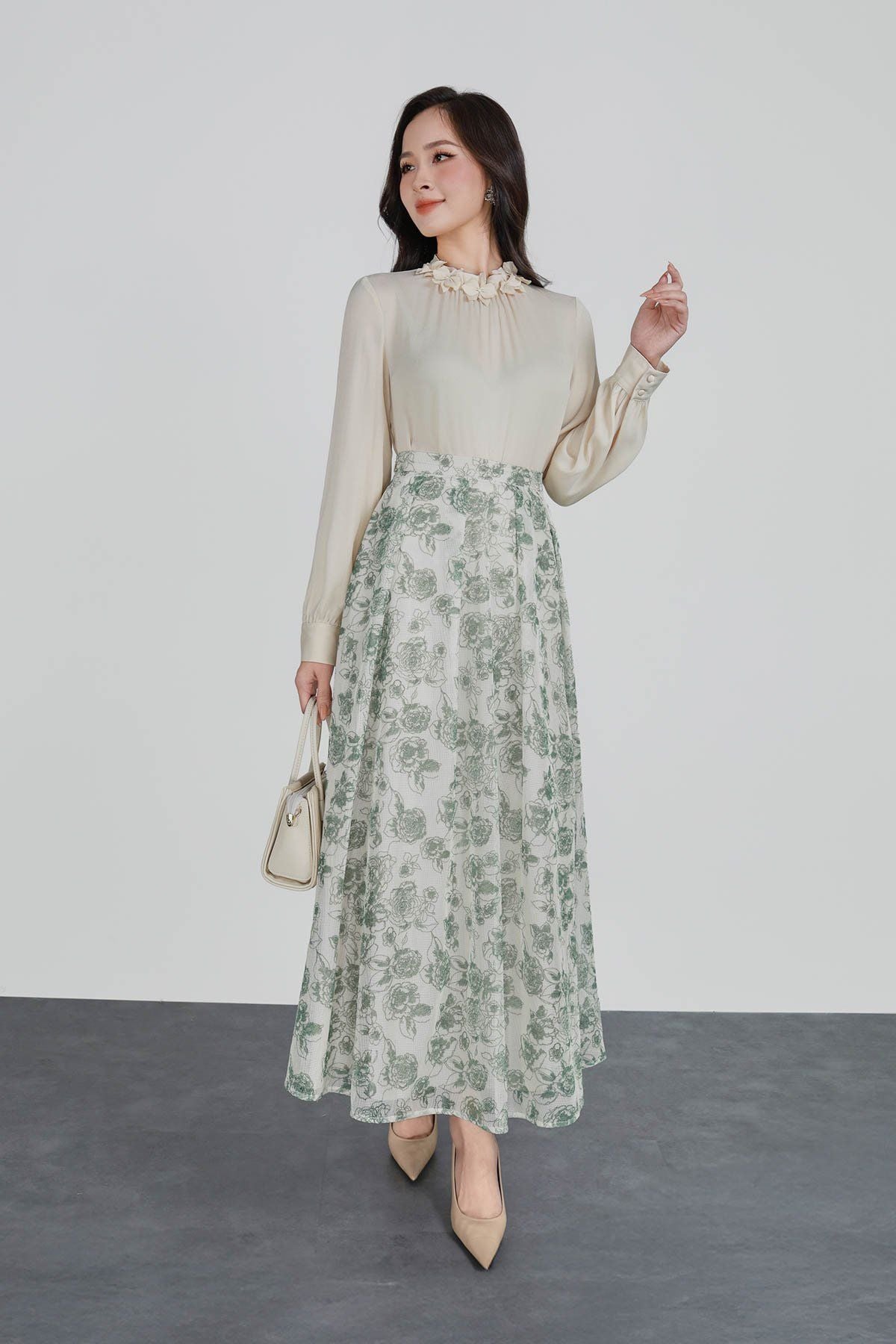 FJD51124 - Chân váy công sở vải lưới dáng xòe có lót vải habutai xếp li bong khóa thân sau - PANTIO