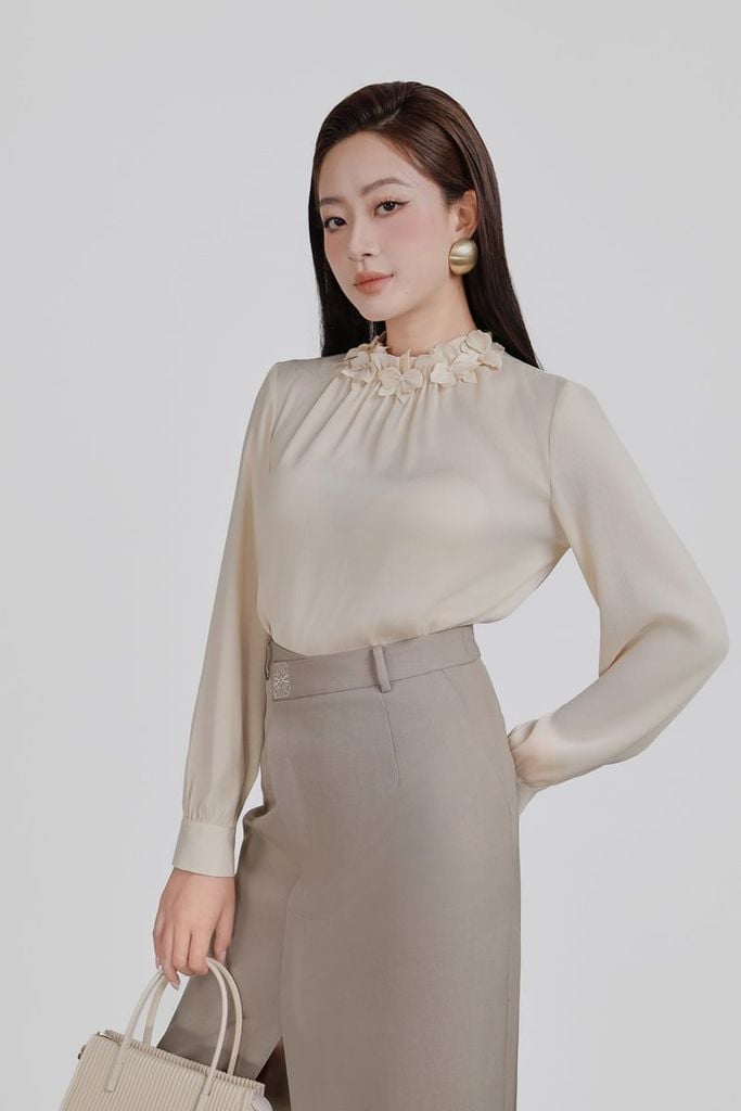 FJD51336 - Chân váy dài công sở vải thô dáng ôm cạp thêu hoạ tiết thân váy xẻ tà trước phối vạt lệch thời trang - PANTIO