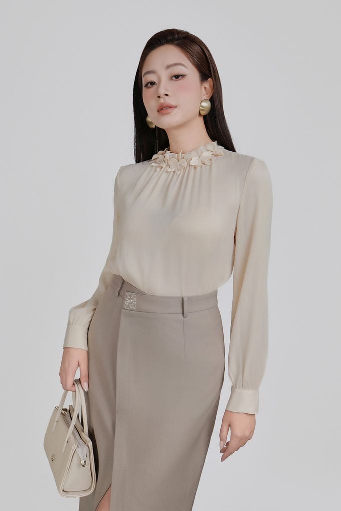 FJD51336 - Chân váy dài công sở vải thô dáng ôm cạp thêu hoạ tiết thân váy xẻ tà trước phối vạt lệch thời trang - PANTIO