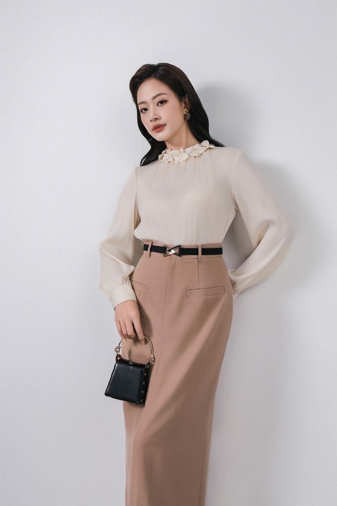 FJD51378 - Chân váy dài vải thô dáng suông cạp cao phối dây lưng co giãn tạo kiểu xẻ tà sau - PANTIO