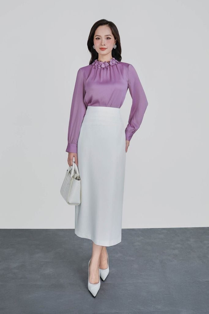 FAS13951 - Áo sơ mi công sở vải lụa dáng suông cổ đính hoa tạo kiểu tay dài phối măng sec - PANTIO