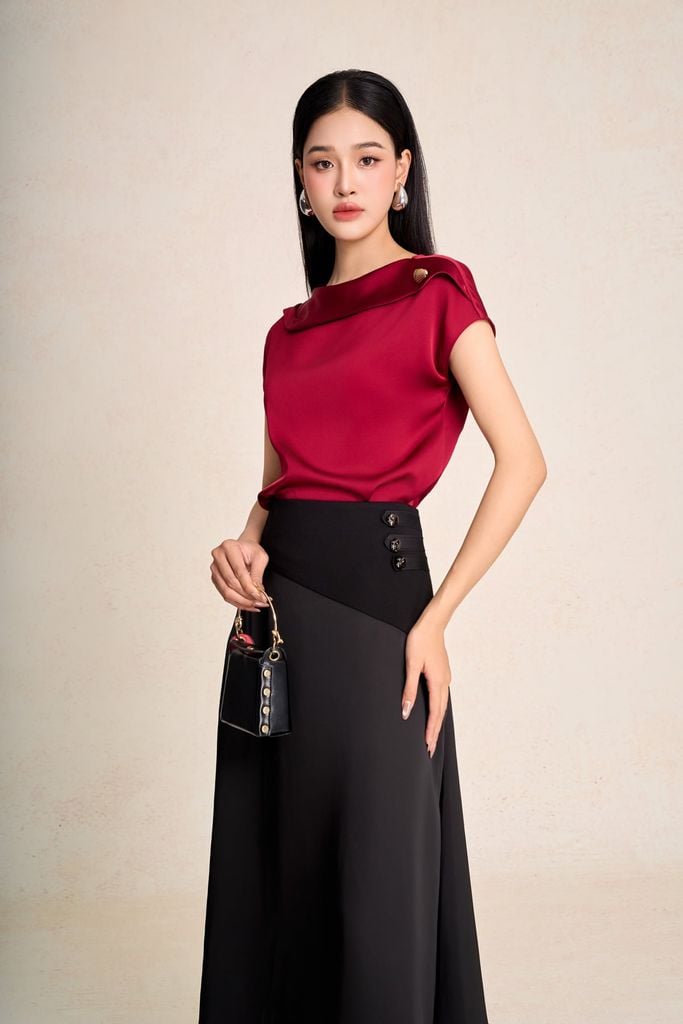 FAS14107 -Áo sơ mi công sở vải lụa cát dáng suông cổ lệch tay chờm phối phụ kiện kim loại thời trang - PANTIO