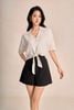 FAS14113 - Áo sơ mi dạo phố vải thô đũi dáng croptop cổ bẻ tay lửng gấu áo phối vạt thắt tạo kiểu - PANTIO